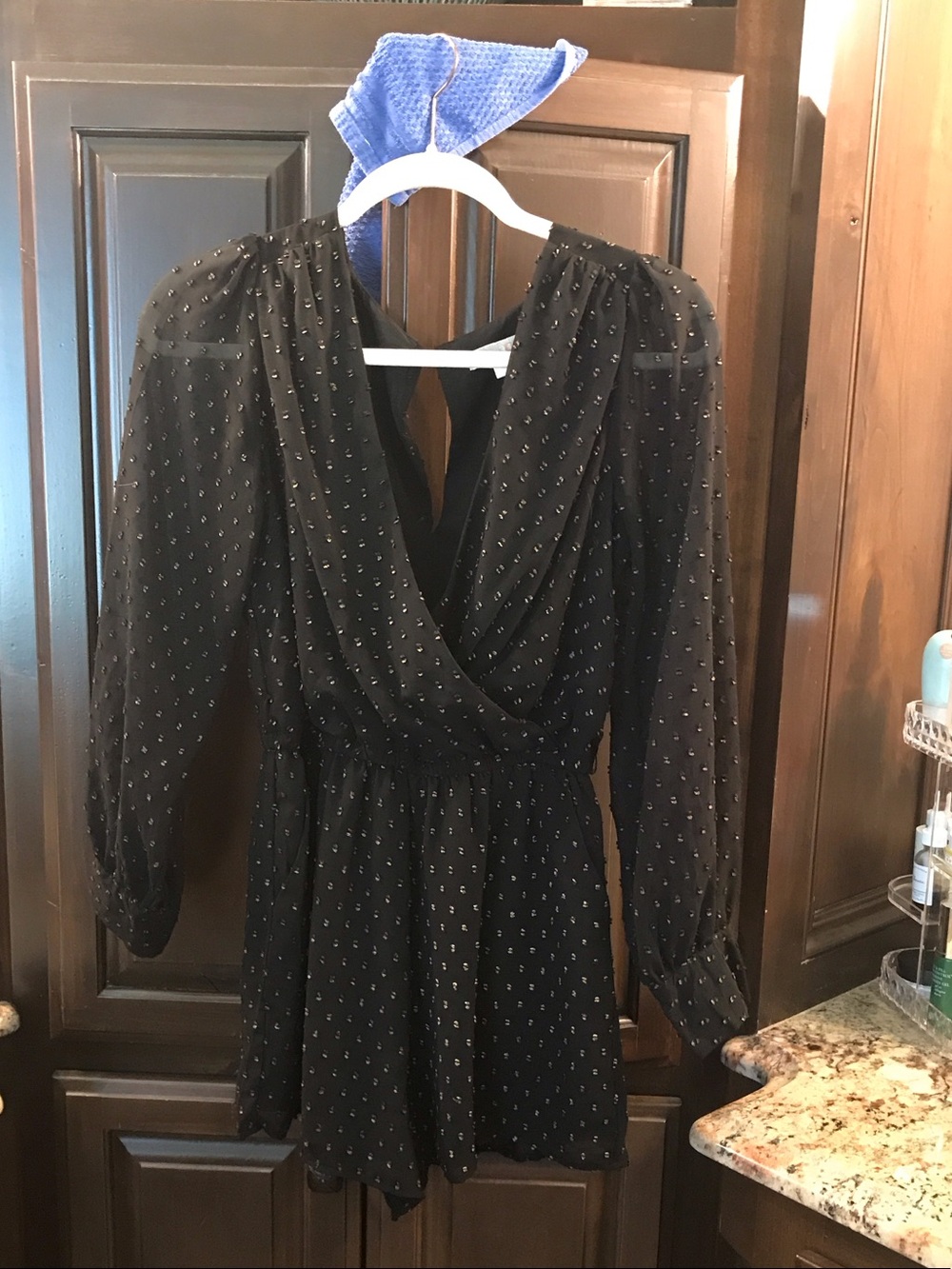 Gianni Bini Black Sheer Long-Sleeve V-Neck Romper with Dot Accent